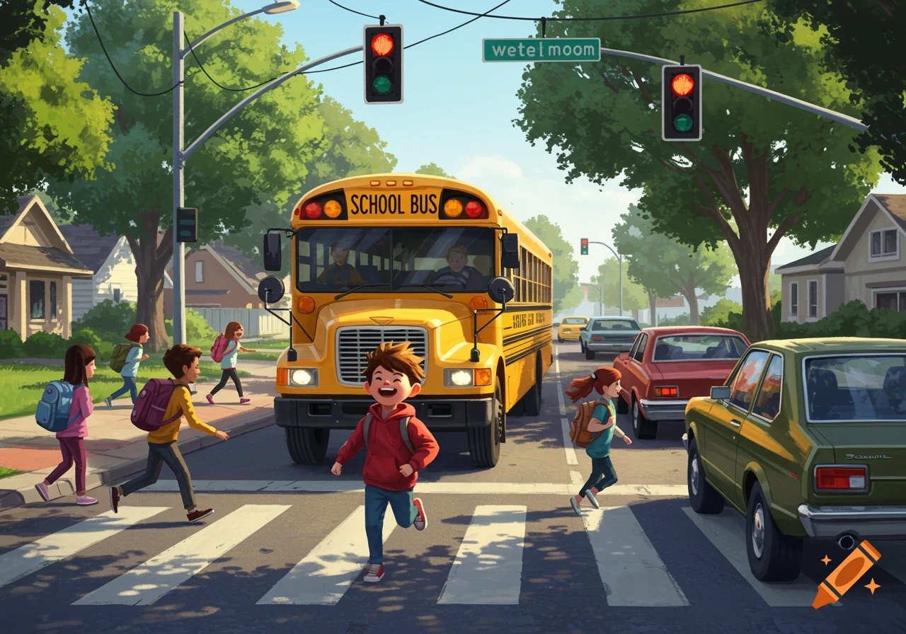 A vibrant illustration shows children with backpacks crossing a street in front of a yellow school bus. Cars are stopped, waiting.