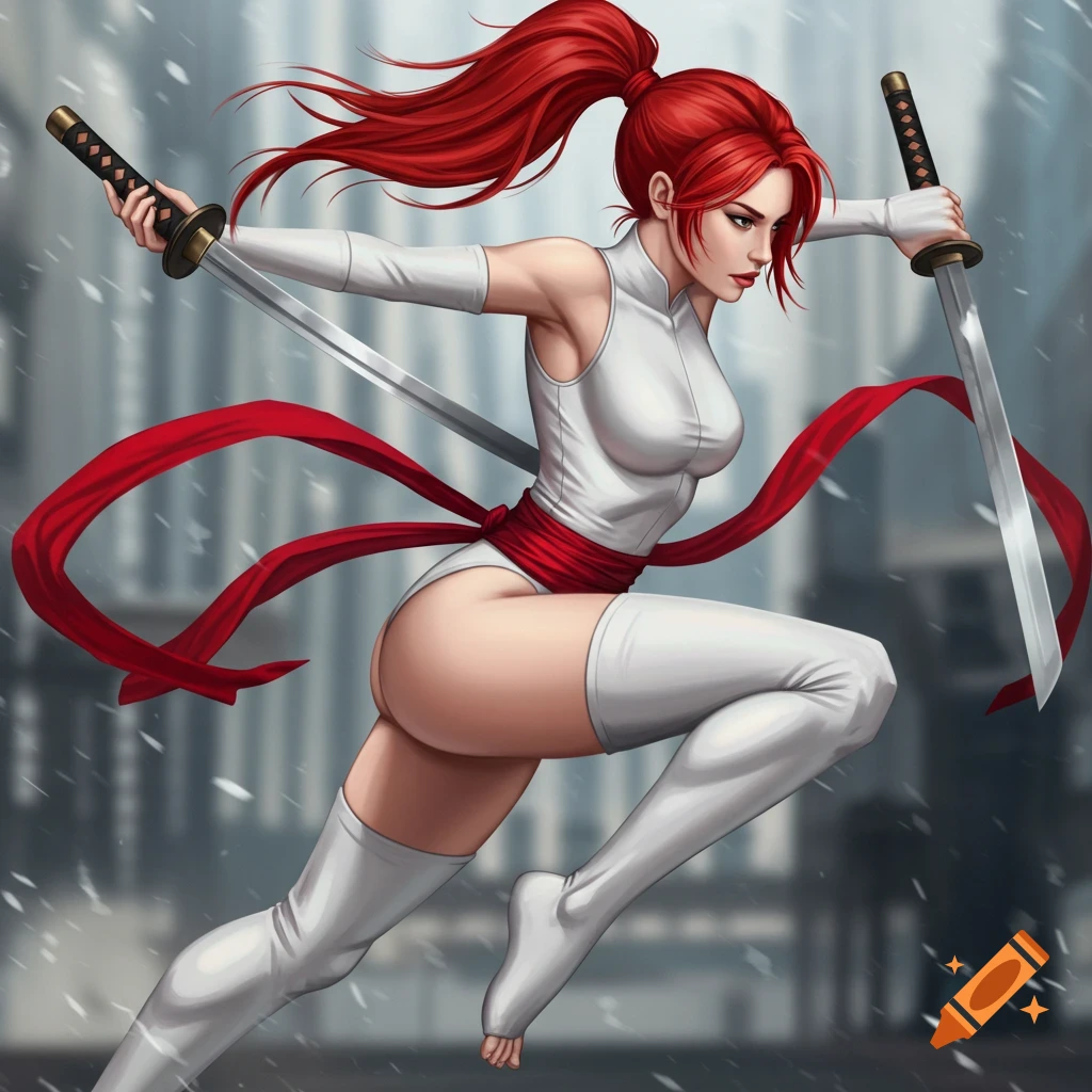 Red-haired female warrior in a white leotard with a red sash, wielding two katanas in an action pose, comic art style.