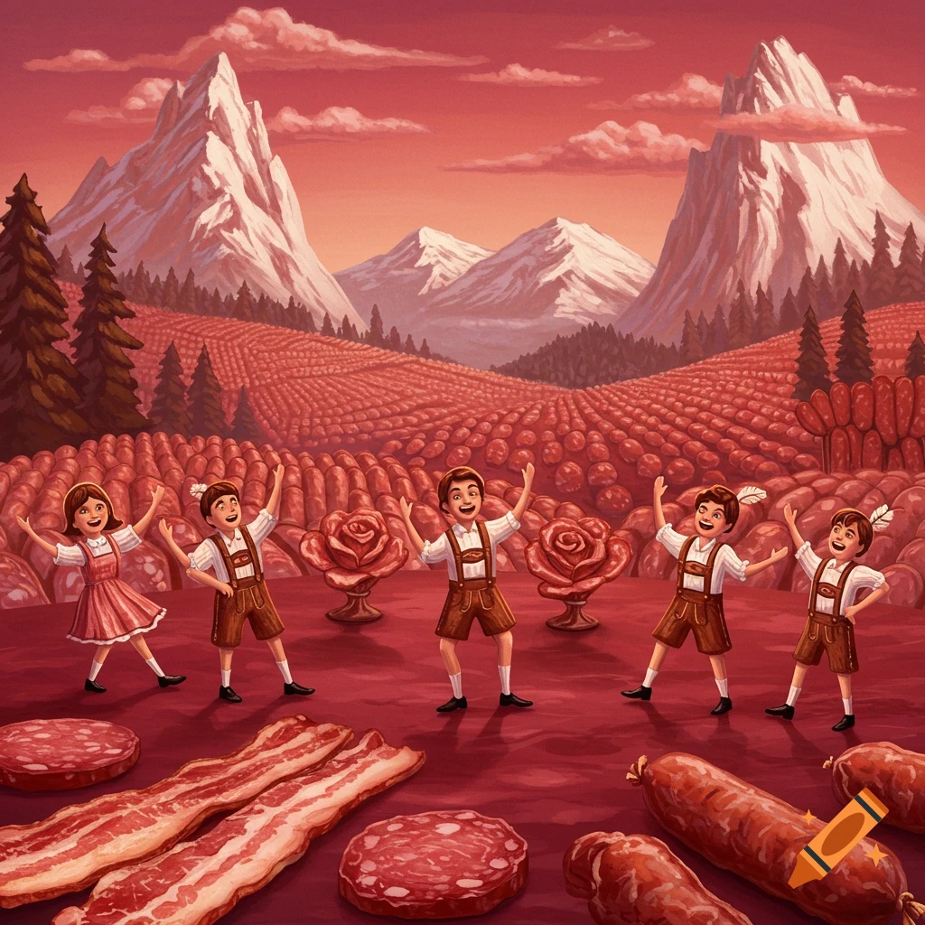 Children in traditional outfits dance in a surreal landscape composed entirely of meat, with snowy mountains in the distance and cuts of meat in the foreground.