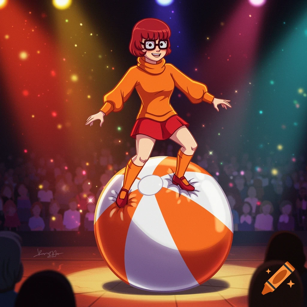 Velma Dinkley from Scooby Doo balancing clumsily on a large orange and white beach ball on a colorful stage.