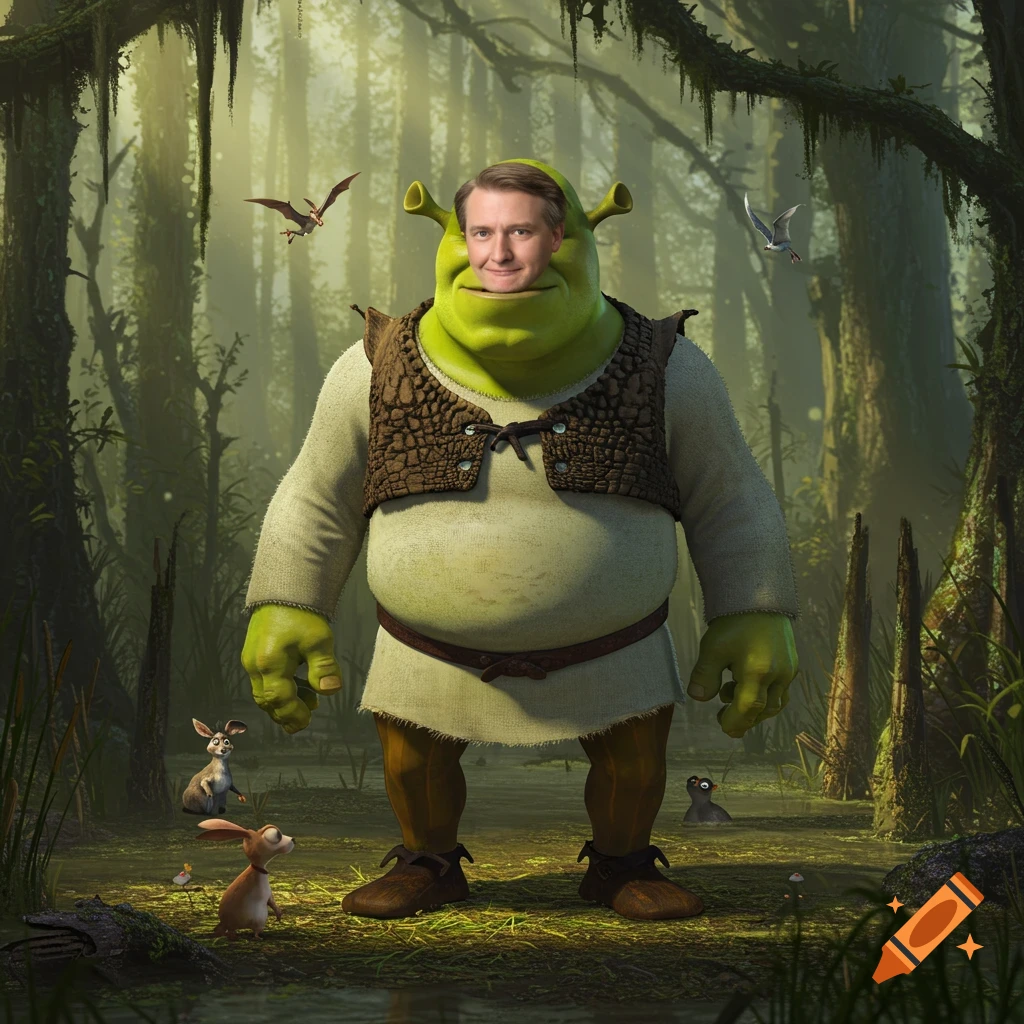 Photorealistic Shrek with Charlie Kirk's head stands in a lush, green swamp with small animals.