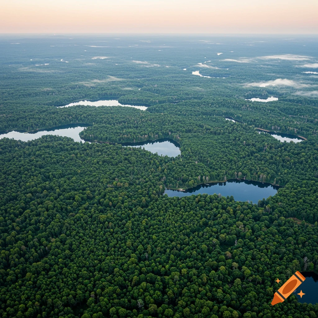 An expansive aerial view of a dense green forest with multiple blue lakes and winding rivers under a pale sky.