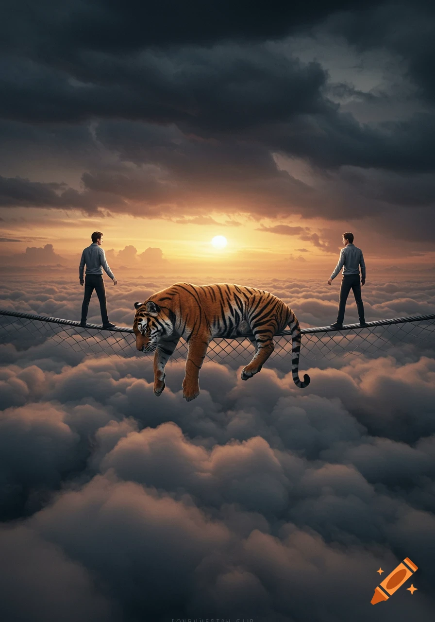 Two men and a tiger on a tightrope high above clouds at sunset, with a dramatic sky. Photorealistic.