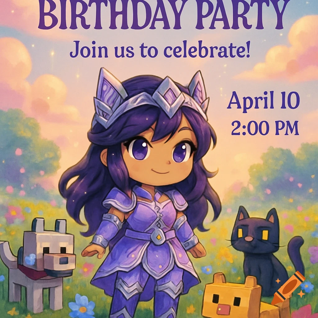 Chibi character and blocky animals on a birthday party invitation, with text 'Birthday Party' in a pastel field.