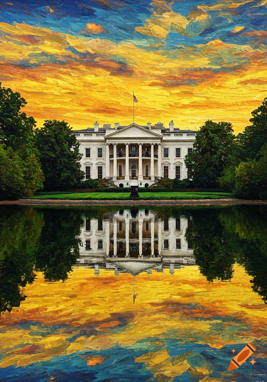 Impressionistic painting of the White House reflected in a moat under a vibrant orange and blue sky.