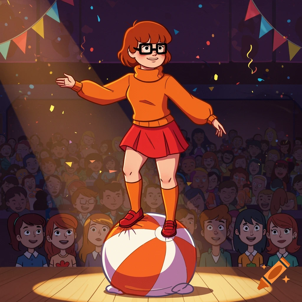 A 2D cartoon shows Velma Dinkley in her classic orange outfit and glasses, performing on a stage. She balances precariously on a large, squishy orange and white striped beach ball, with a spotlight shining on her and an audience in the background.