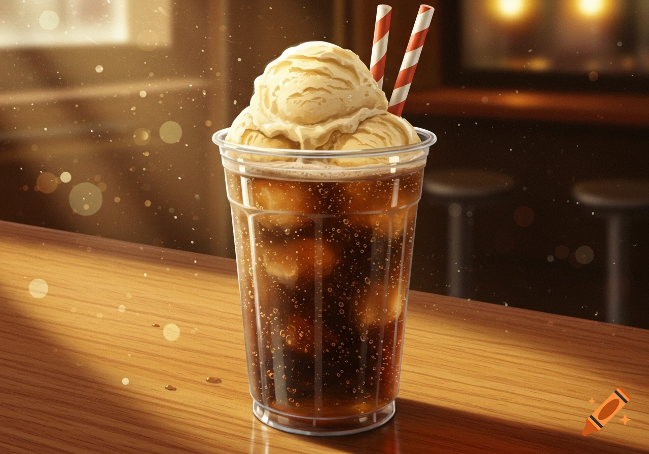 Photorealistic root beer float with vanilla ice cream and two striped straws in a plastic cup on a wooden table.