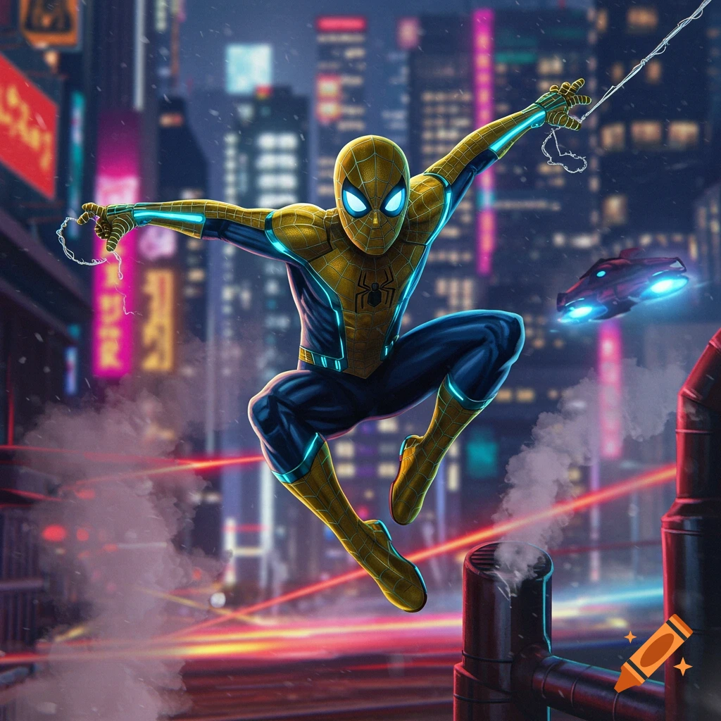Spider-Man in a yellow and blue glowing suit leaps through a neon-lit city at night, preparing to web-sling.