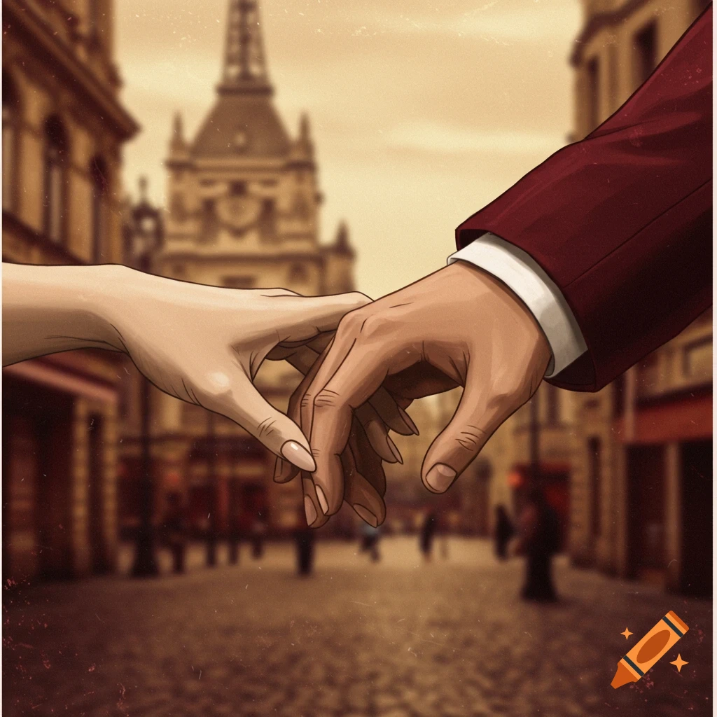 Two hands, a man's and a woman's, reaching towards each other in a vintage illustrated style, with a blurred cityscape in the background.