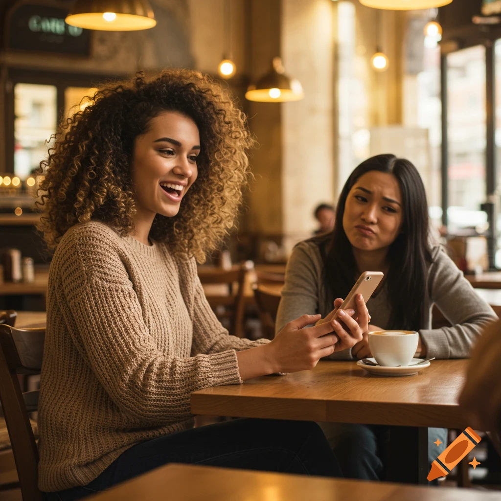 A happy woman with curly hair shows her phone to an annoyed woman in a bustling cafe.