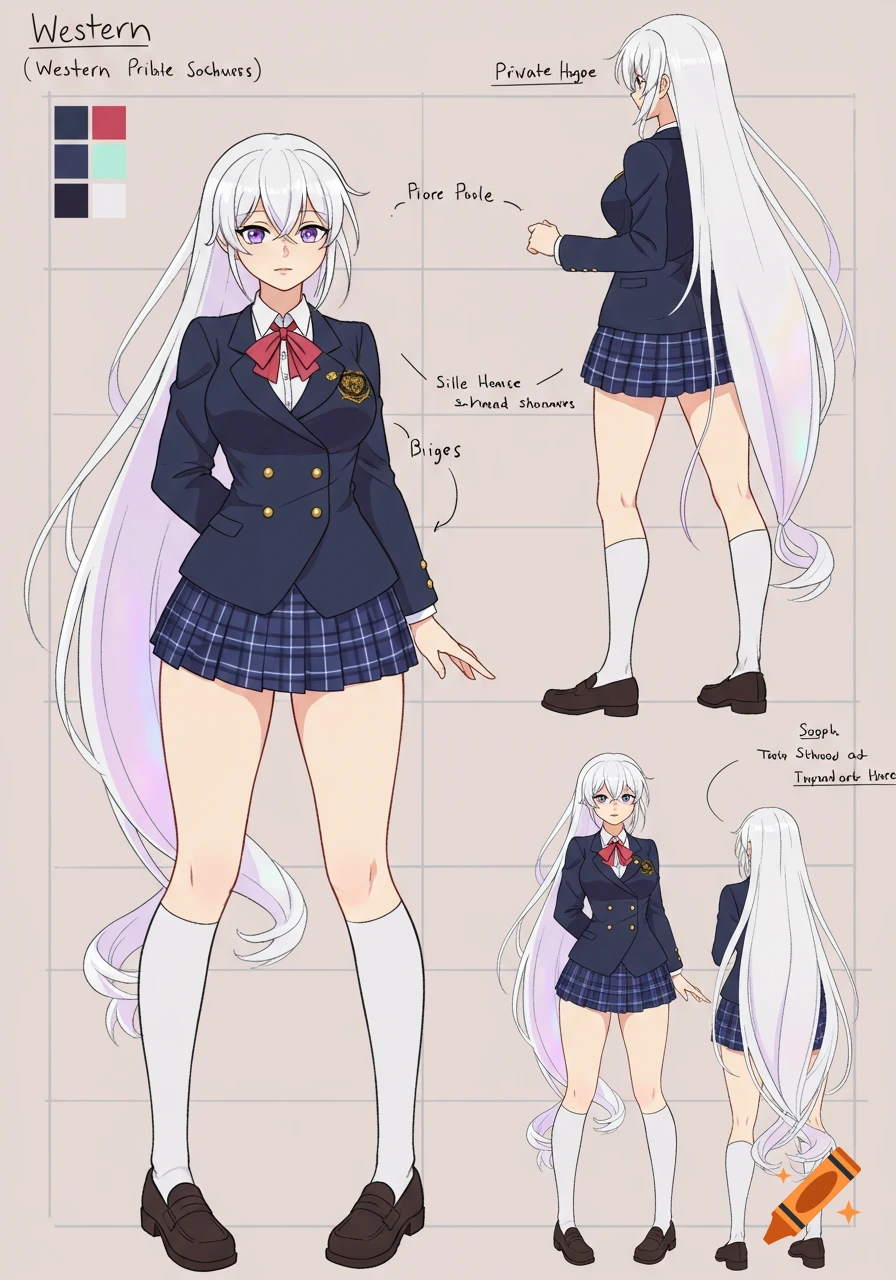 Full body anime character reference sheet of a girl with long white hair and a school uniform, shown from front, side, and back views.