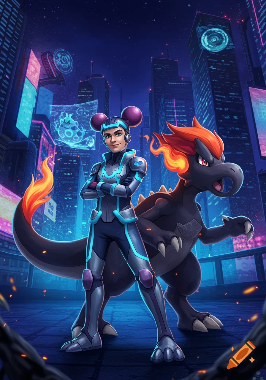 A male trainer with mouse ear headphones and a black, fire-maned creature stand in a futuristic city at night.
