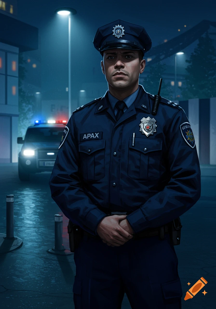A male police officer in a dark blue uniform stands in an urban setting at night, with a police car behind him. Digital art.