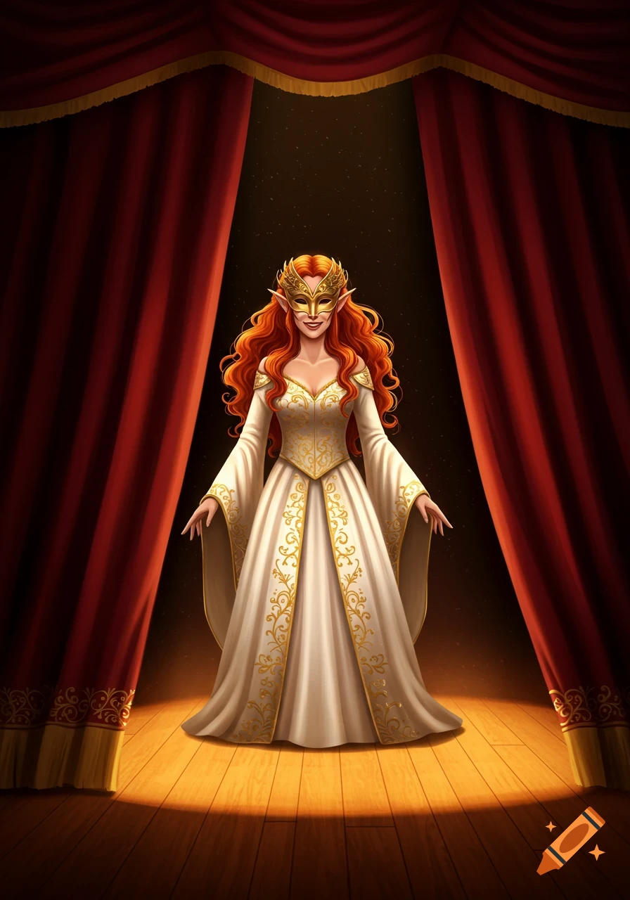 An elegant elven woman with long red hair and a gold mask stands on a medieval theater stage with red curtains.