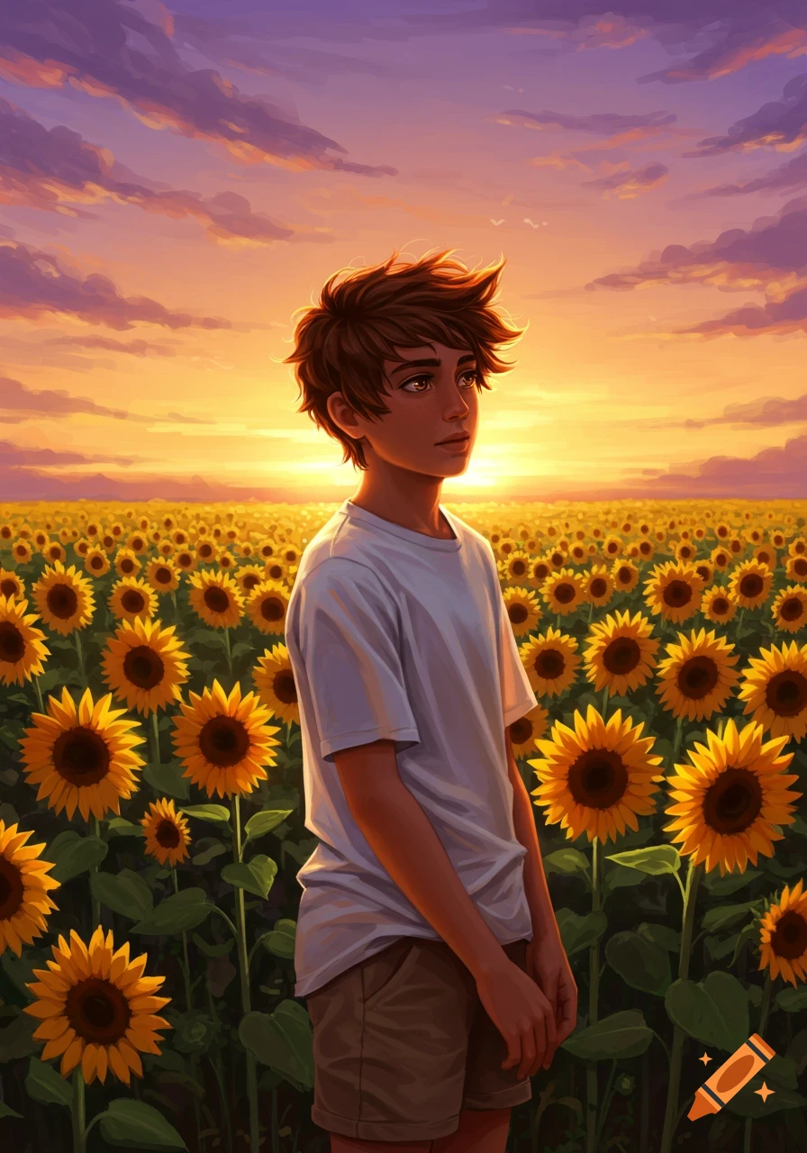 A boy with brown hair and olive skin stands in a vibrant field of sunflowers during a colorful sunset, in an illustrative style.