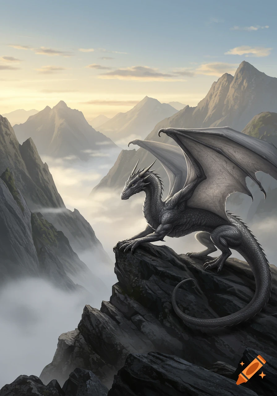 A grey dragon stretches on a rocky mountain peak, overlooking a vast, misty mountain range at sunrise or sunset.