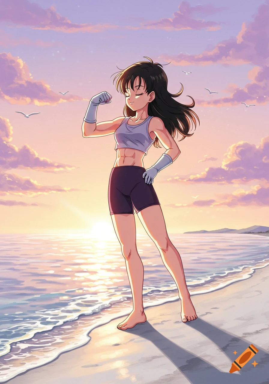 Anime character Videl in athletic wear flexing on a beach at sunset.