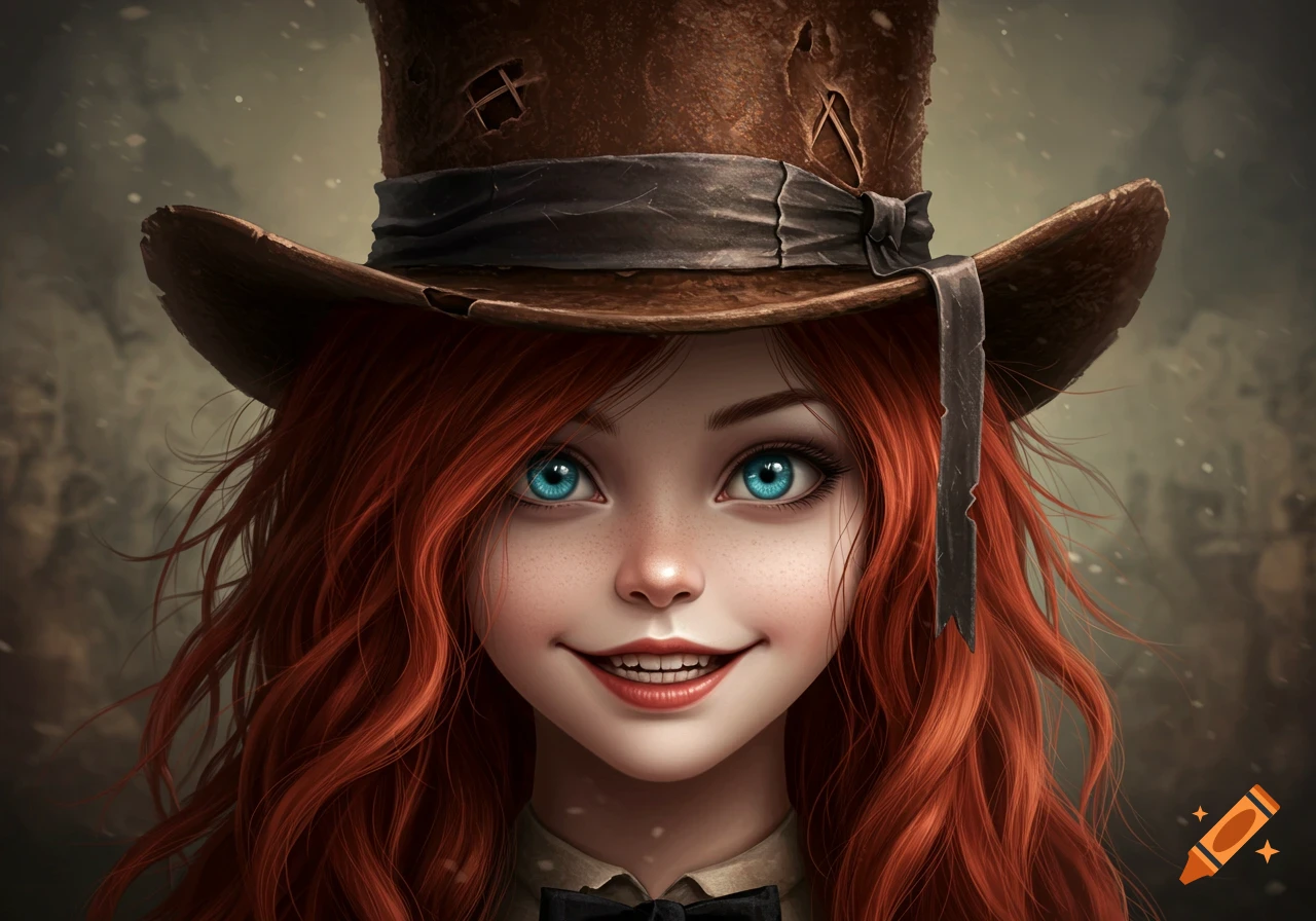 Digital art portrait of a red-haired girl with big blue eyes and a sinister smile, wearing a dilapidated top hat.
