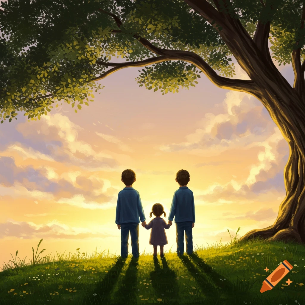 Illustration of two boys and a girl holding hands, seen from behind, on a grassy hill at sunset under a large tree.