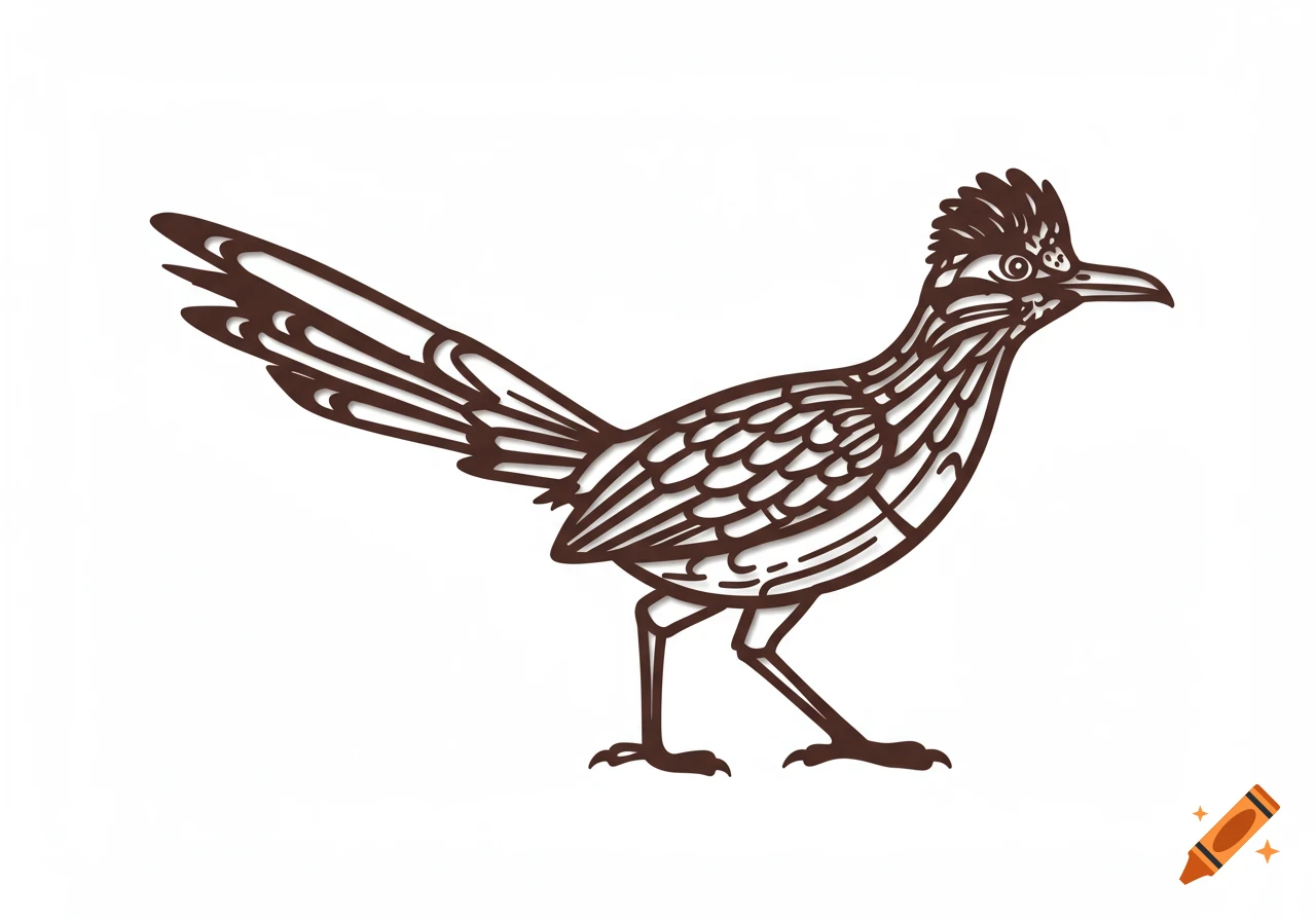 A brown stencil illustration of an American Southwestern roadrunner, designed for paper cutting, on a white background.