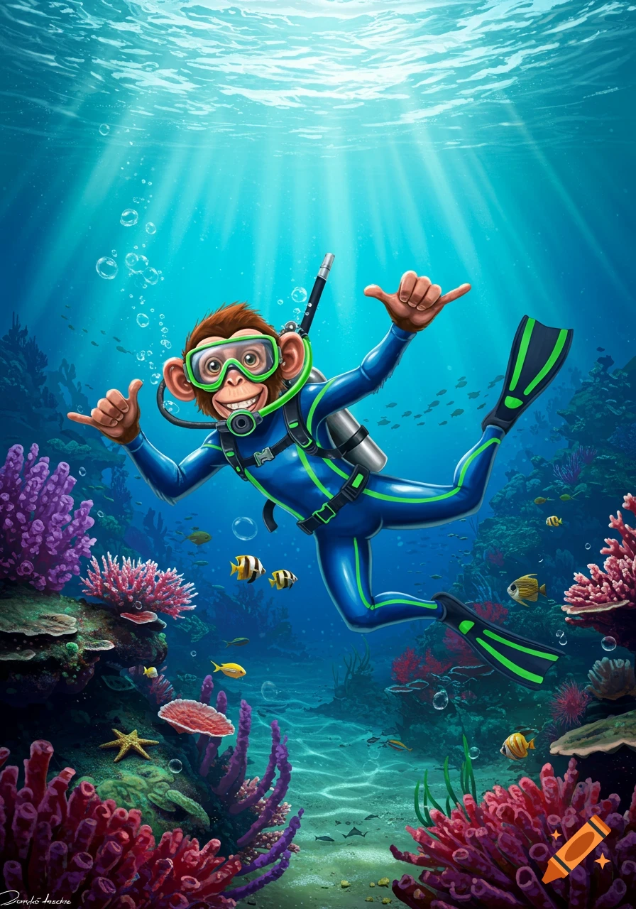 A cartoon monkey in a blue and green scuba suit gives a hang loose sign while swimming among colorful coral and fish in the ocean.