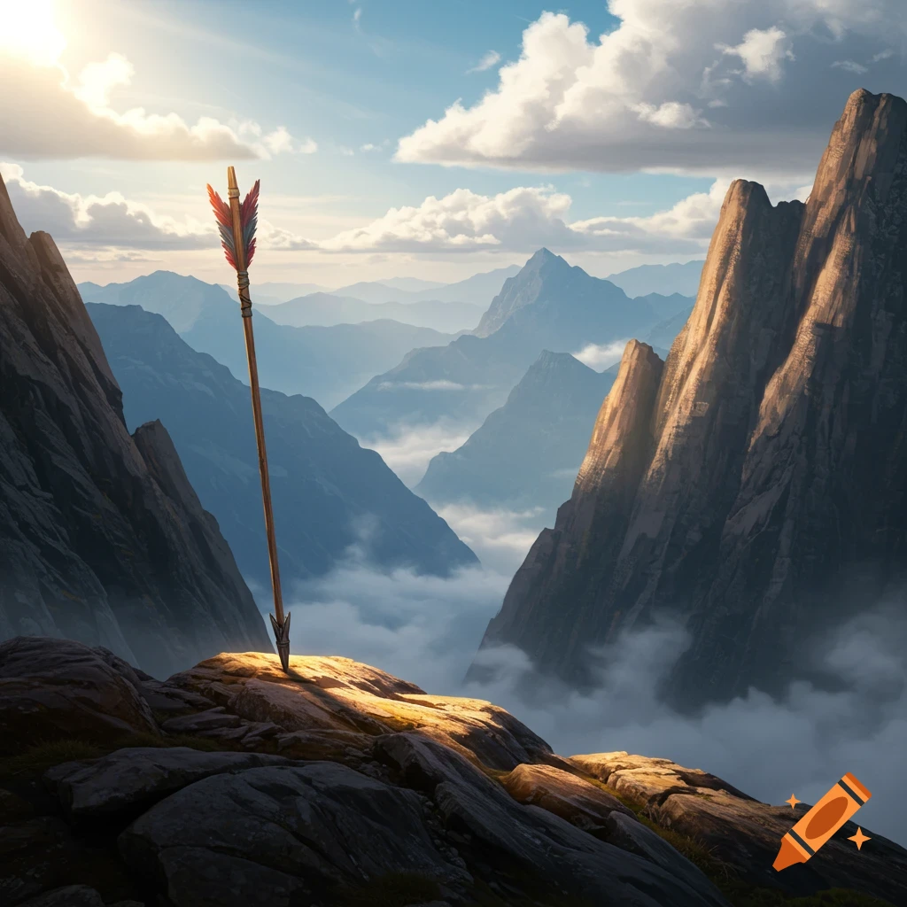 A tall arrow stands vertically in a sunlit rocky mountain peak, overlooking a vast misty mountain range under a cloudy sky.