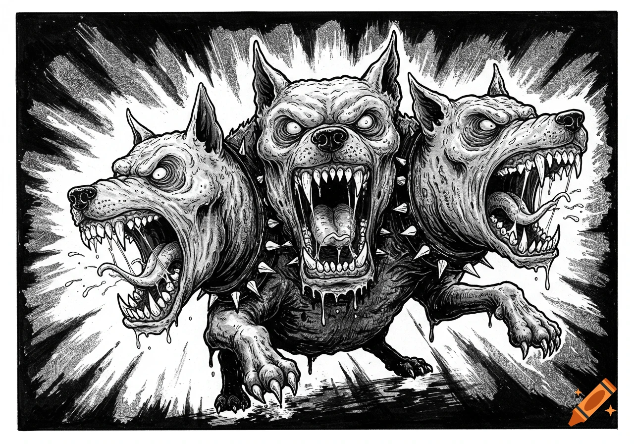 A black and white monstrous three-headed dog with exaggerated features, snarling and drooling in a lowbrow surrealism comic style.