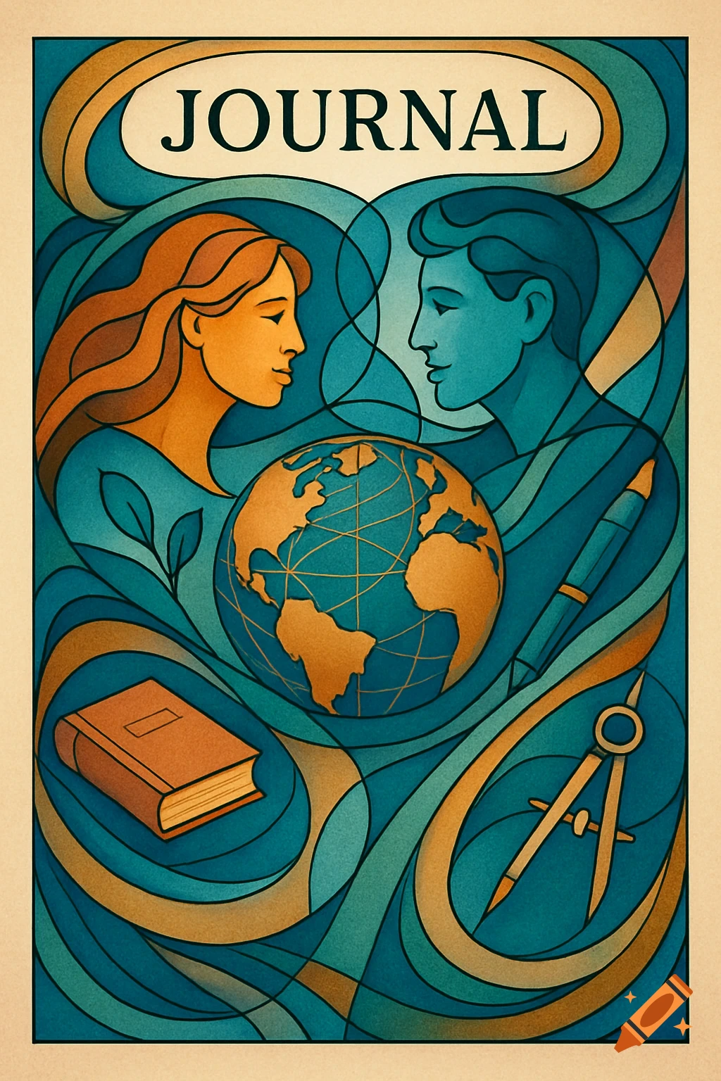 An Art Nouveau style journal cover illustration with a man, woman, globe, book, pen, and compass in blue and gold tones.