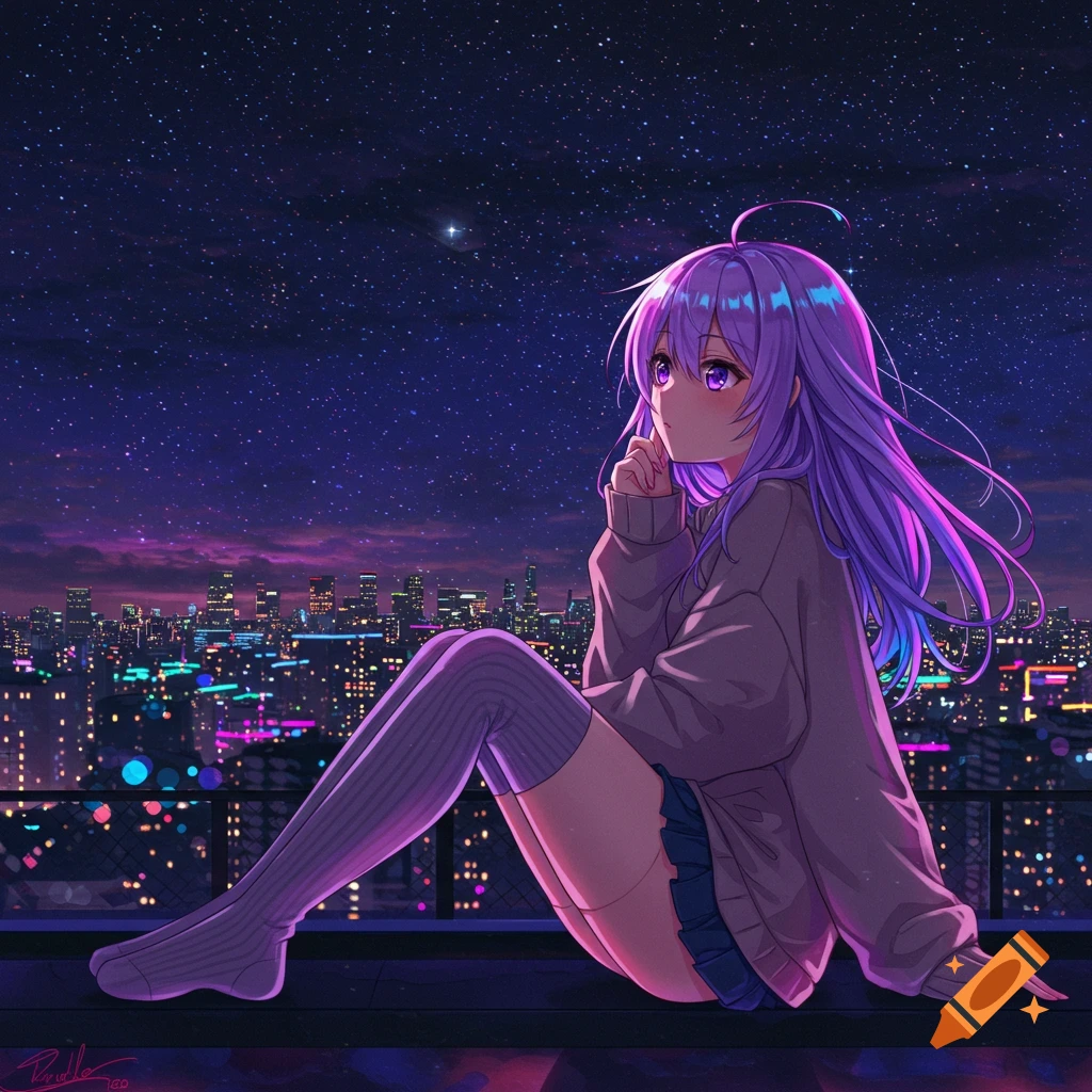 Anime girl with purple hair sitting on a rooftop overlooking a vibrant neon cityscape under a starry night sky.