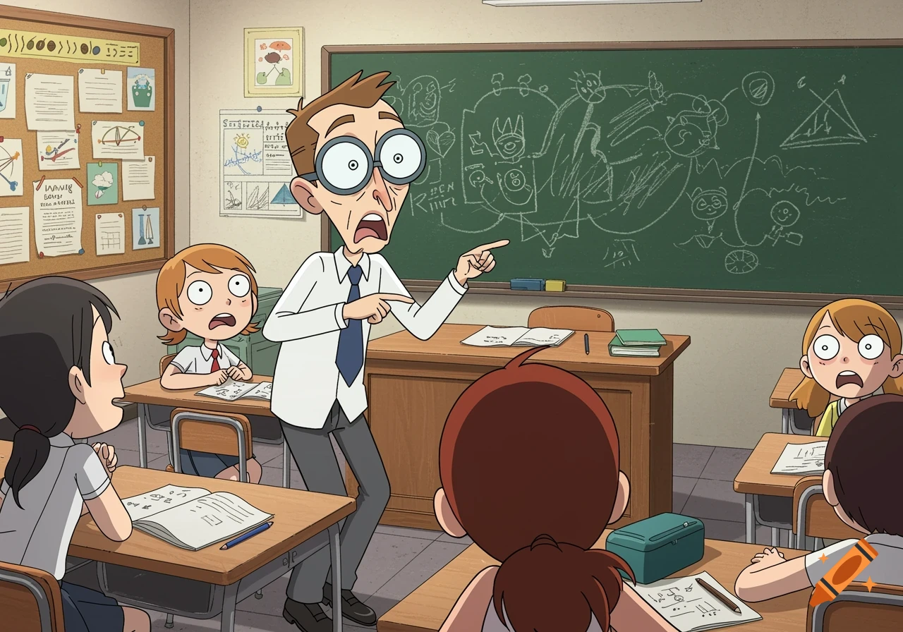 Cartoon teacher with wide eyes points at students in a classroom with a blackboard and corkboard.