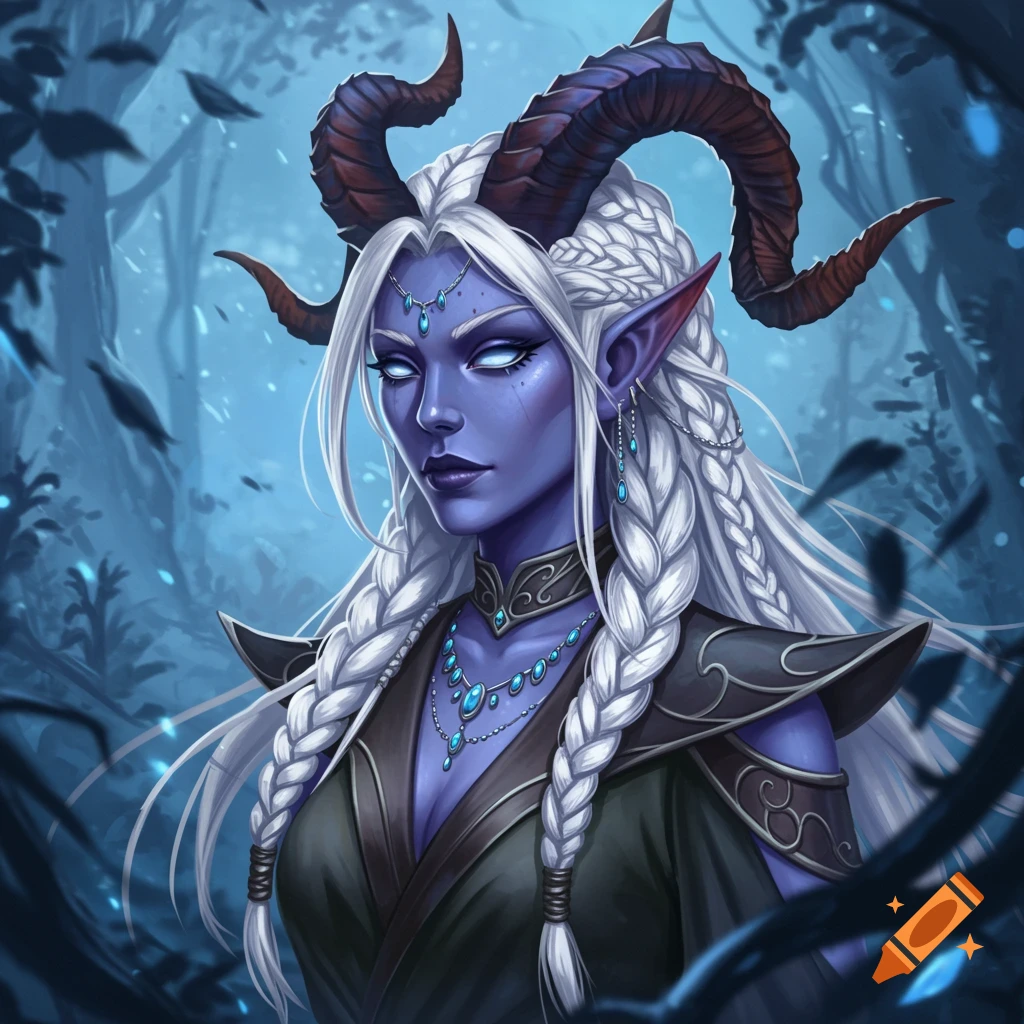 Digital art portrait of a blue-skinned Tiefling woman with white braided hair, curved horns, and glowing white eyes in a dark forest.