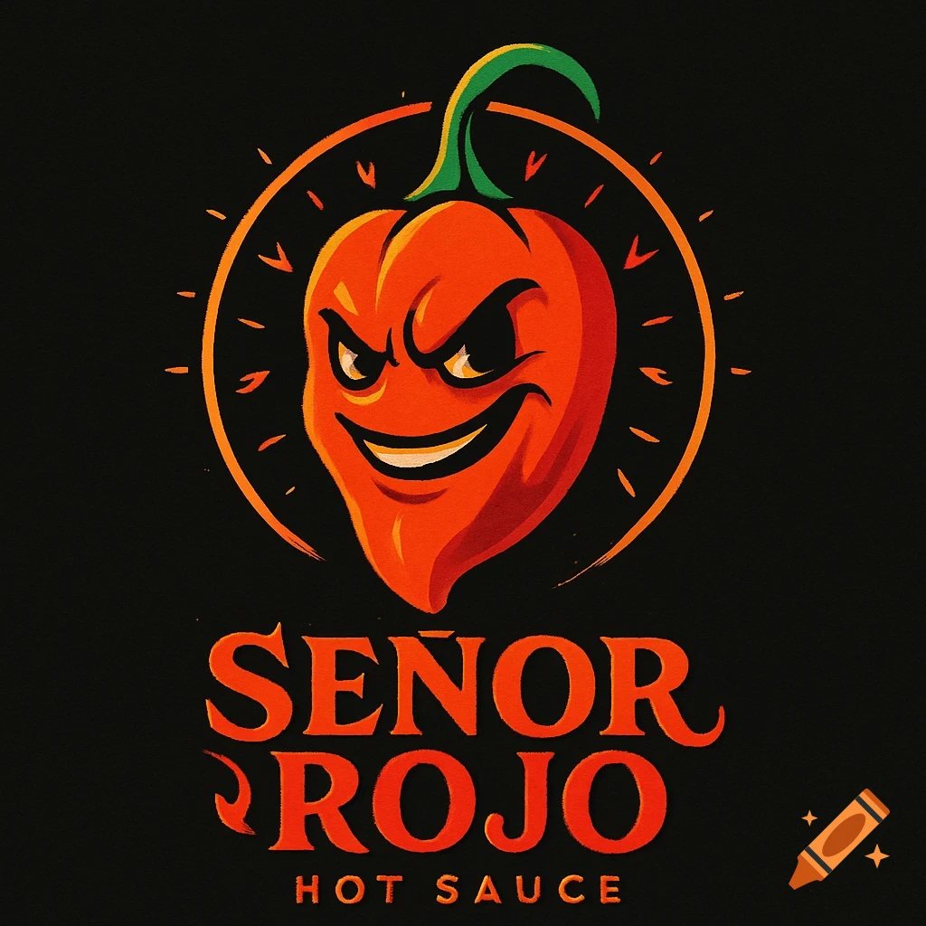 A logo for 'Se or Rojo Hot Sauce' featuring an angry-faced red chili pepper with a green stem, encircled by orange radiating lines on a black background. Stylized illustration.