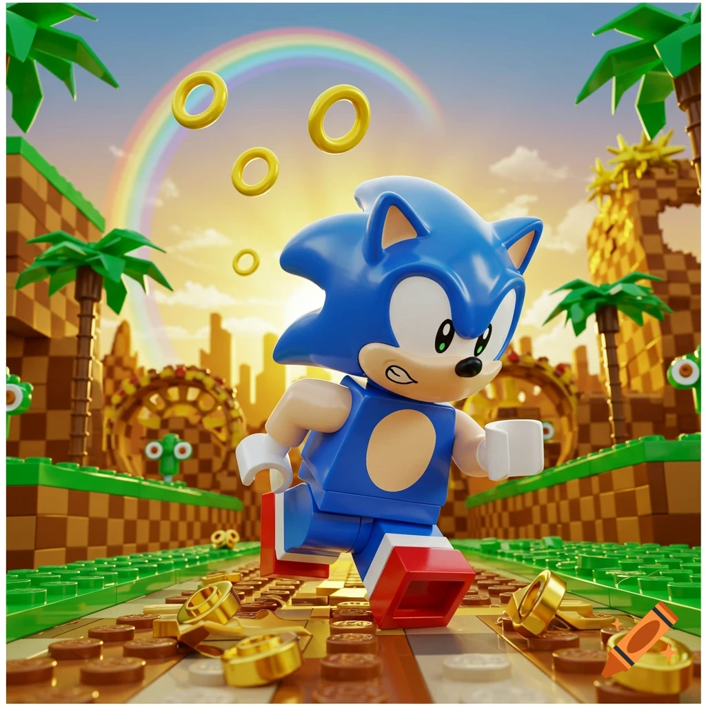 A LEGO Sonic the Hedgehog minifigure runs through a vibrant, blocky Green Hill Zone with floating golden rings and a rainbow.