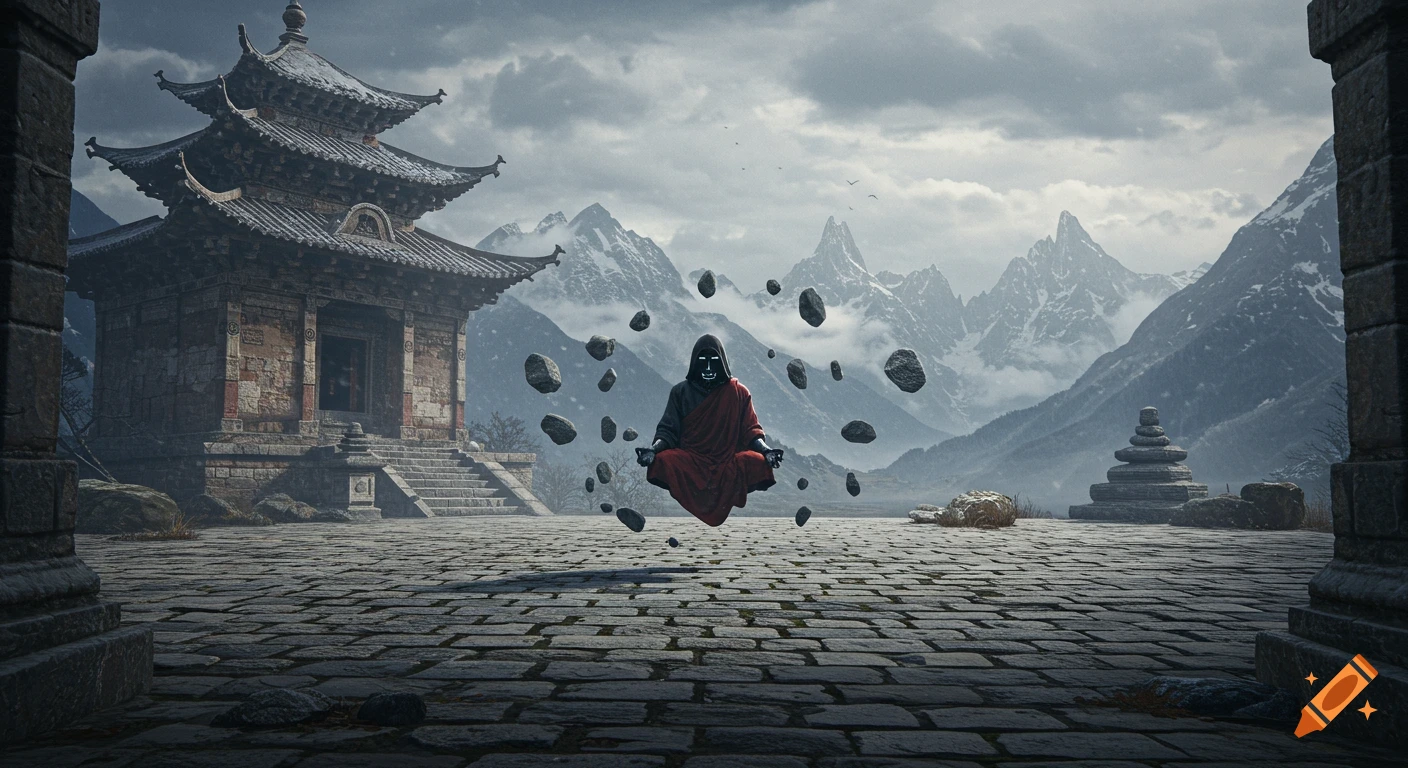 A masked monk in red robes floats in a meditative pose surrounded by levitating stones, in front of an ancient temple and snowy mountains under a cloudy sky.