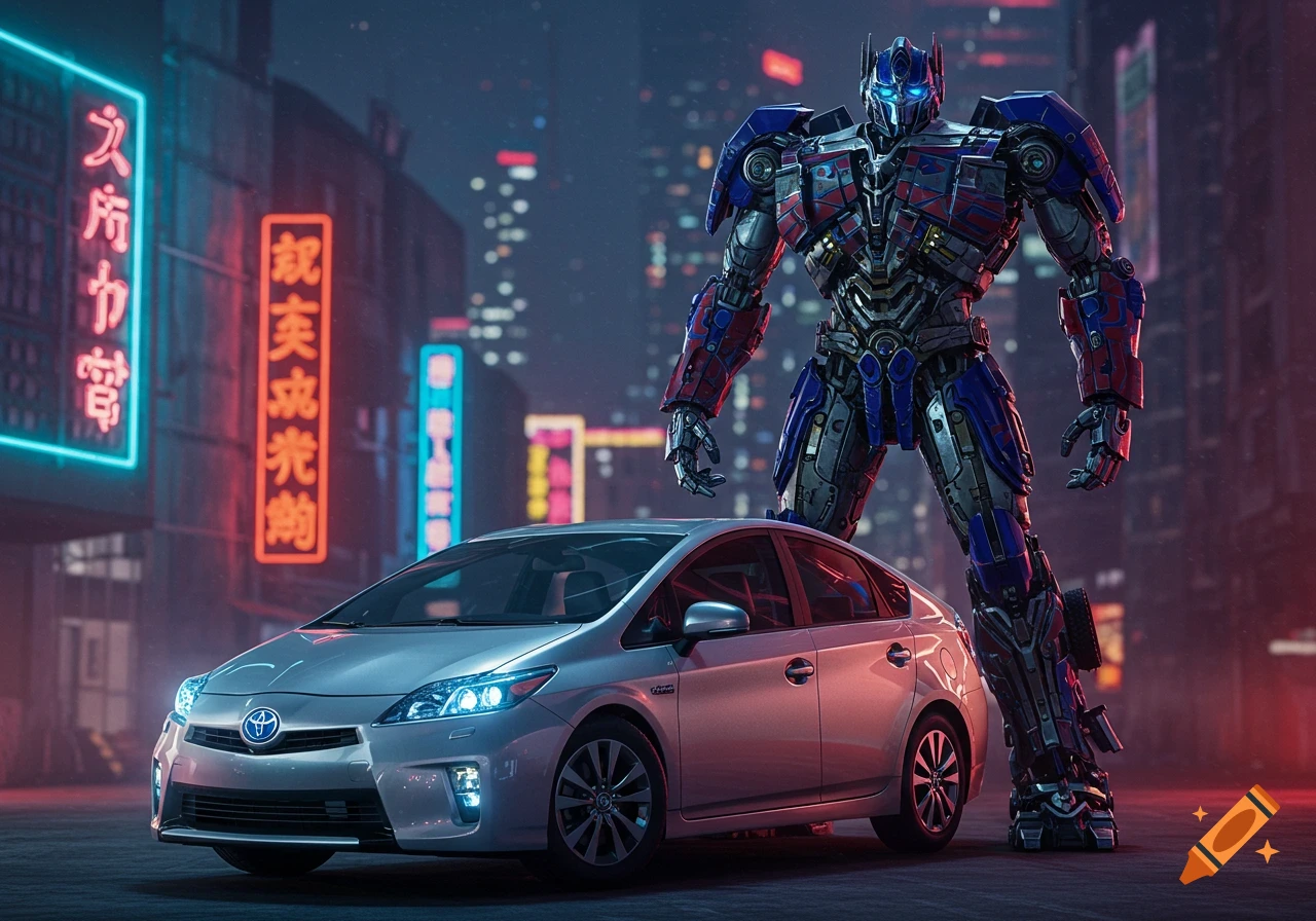 Photorealistic image of Optimus Prime standing next to a silver Toyota Prius on a city street at night with neon signs.