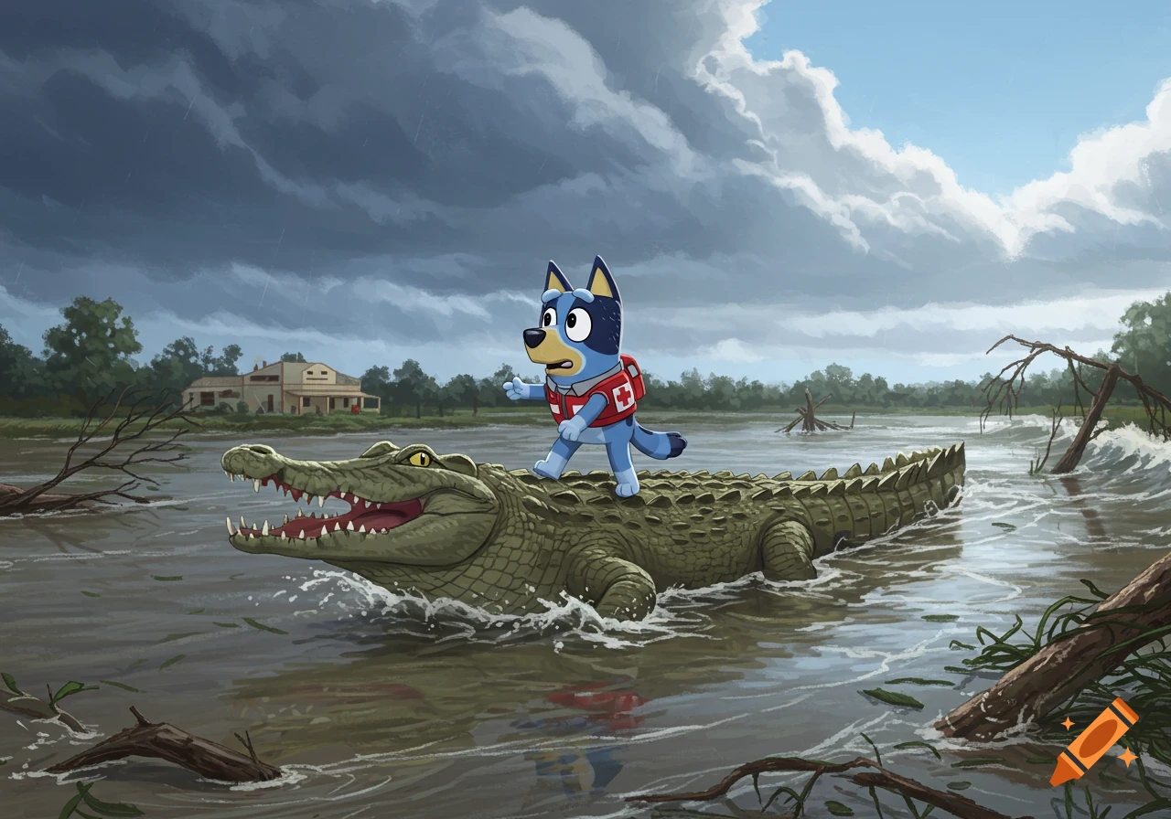 Bluey the blue dog, in a medic vest, rides a large green crocodile through floodwaters under a stormy sky. Illustrated cartoon style.