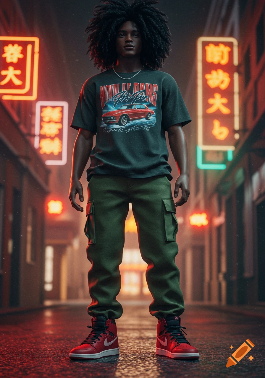 A person with black fluffy hair, wearing a dark t-shirt with a red car graphic, green cargo pants, and red Jordans, stands on a wet street at night with neon signs.