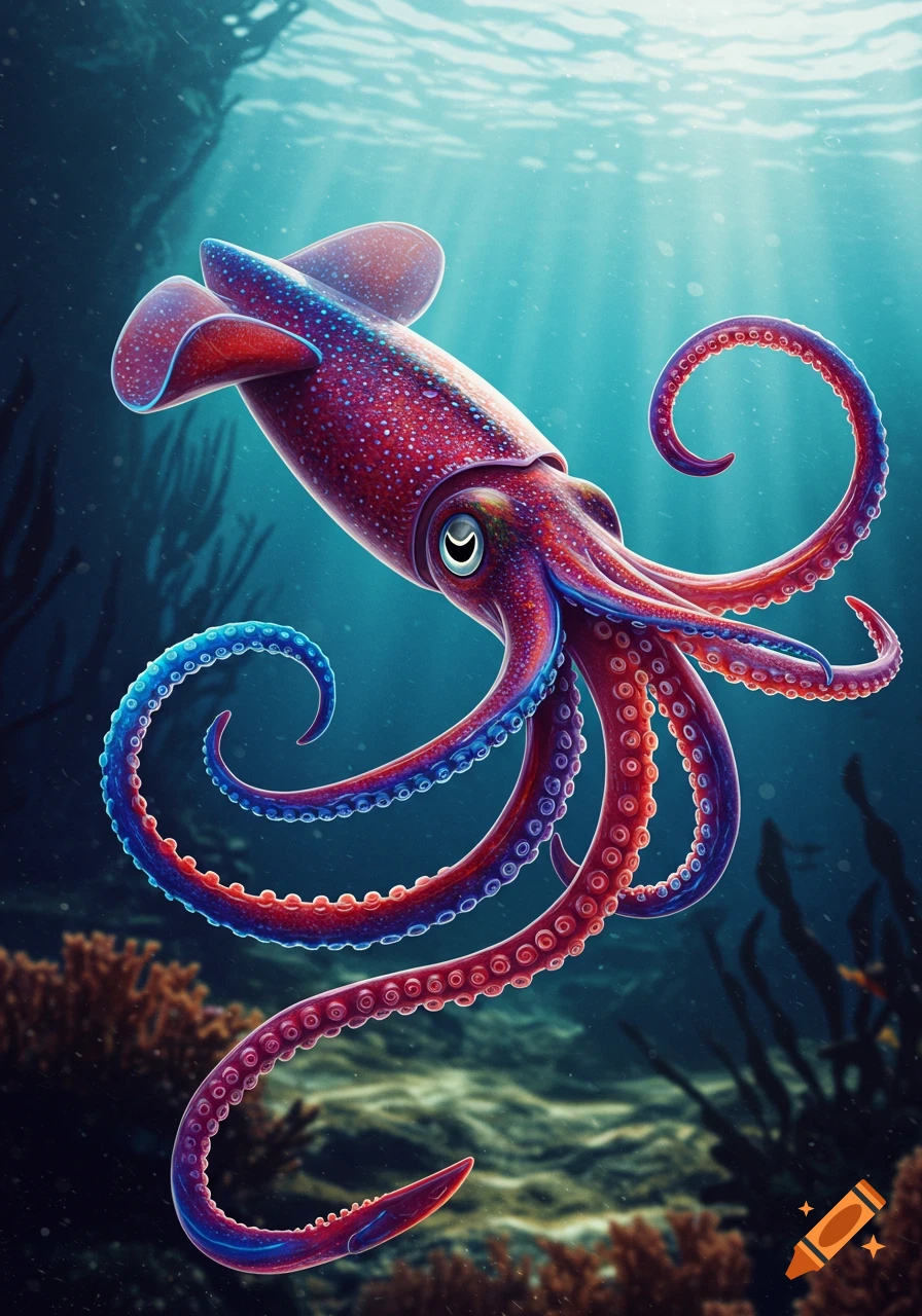 A vibrant red and blue squid swims in a luminous blue ocean, with dark coral in the foreground.