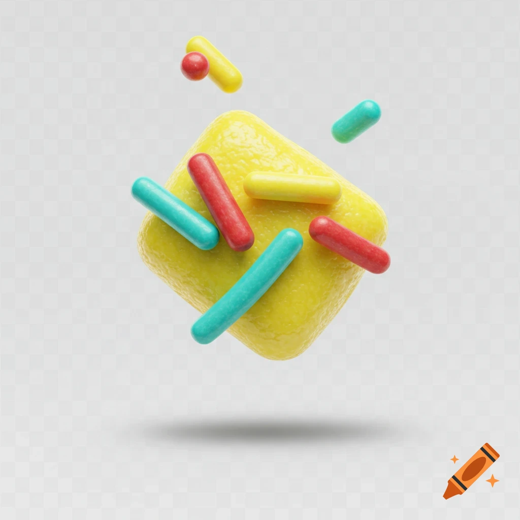A yellow textured square with red, teal, and yellow sprinkles floating around it, rendered in a 3D style on a transparent background.