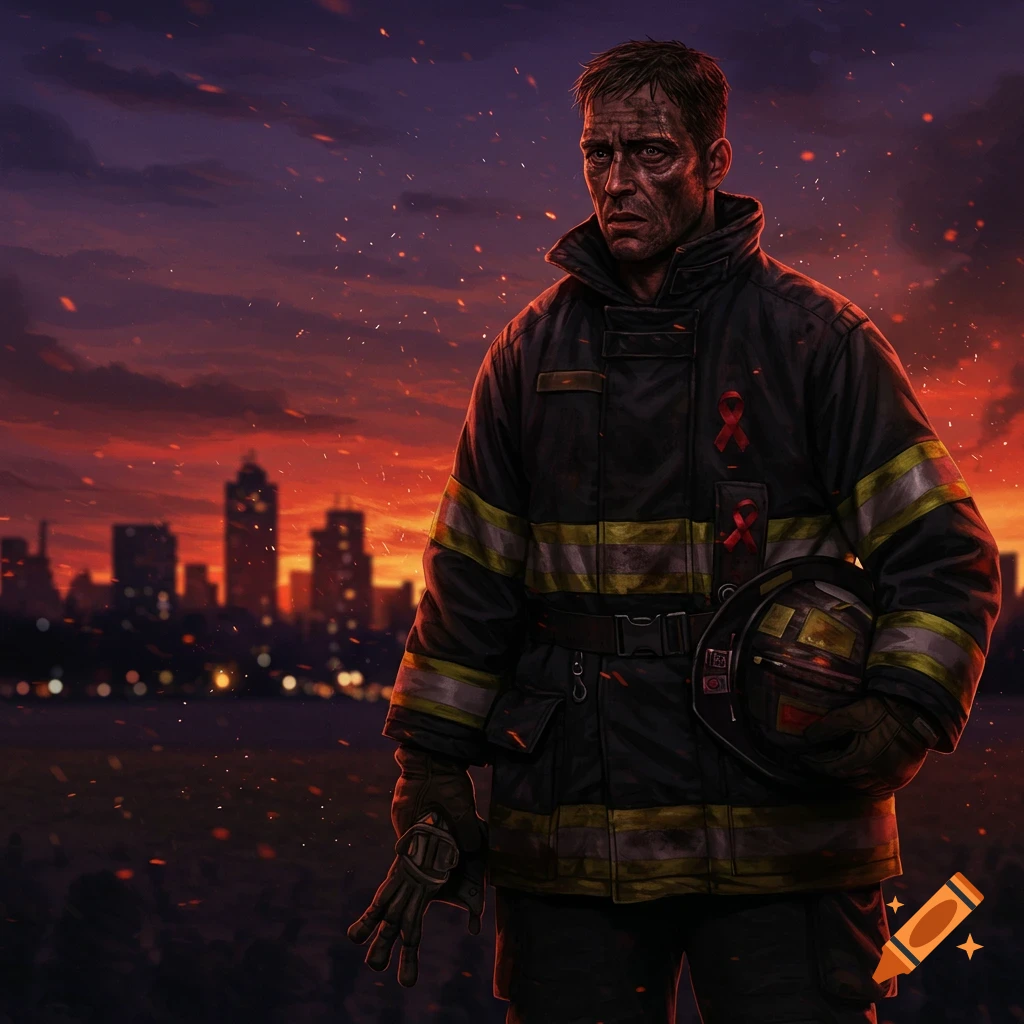 Somber firefighter with a dirty face and red ribbons on his jacket, holding a helmet. City skyline and embers in background at sunset, in an illustrative style.
