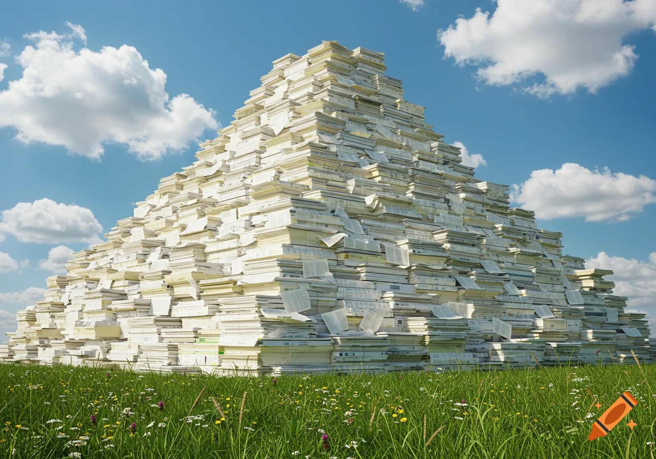 A large mountain made of stacked white papers and documents in a green grassy field under a blue sky.