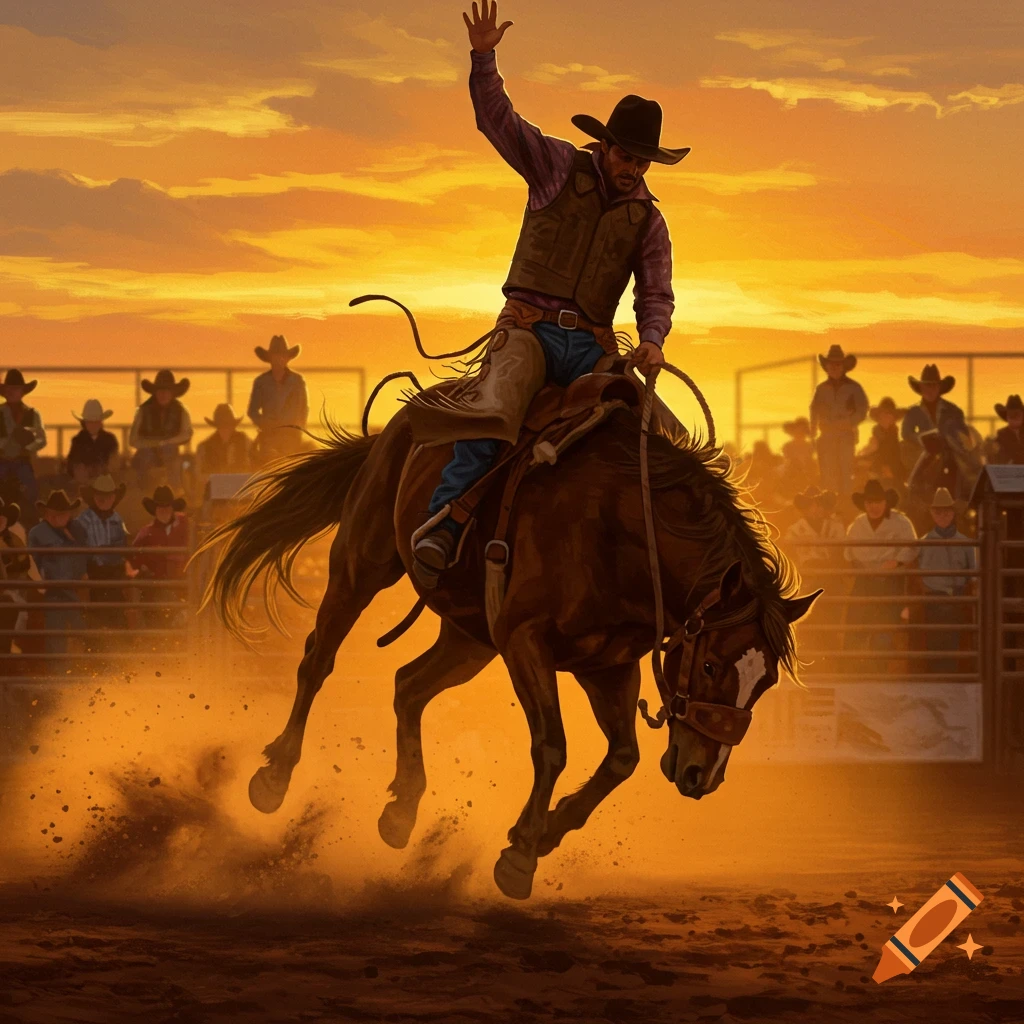 Cowboy on a bucking horse at a rodeo arena, silhouetted against a vibrant orange sunset sky.