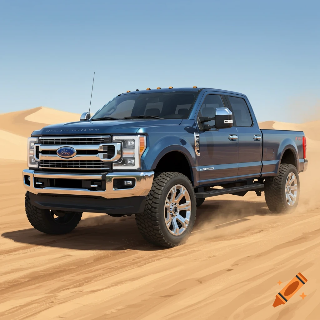 A blue Ford F-350 pickup truck drives through sandy desert dunes under a clear blue sky.