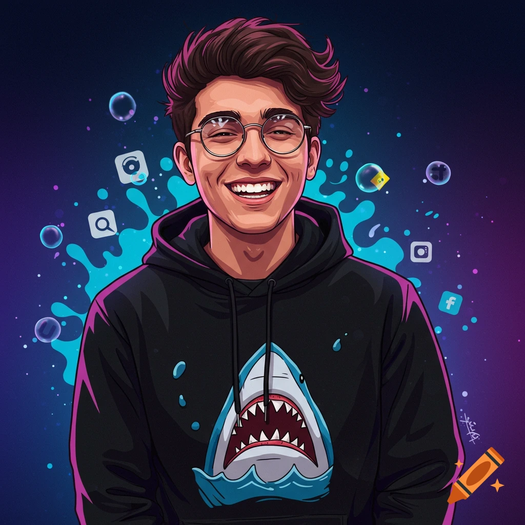 A smiling cartoon young man with dark hair and glasses in a black hoodie with a shark graphic, against a gradient background with social media icons.