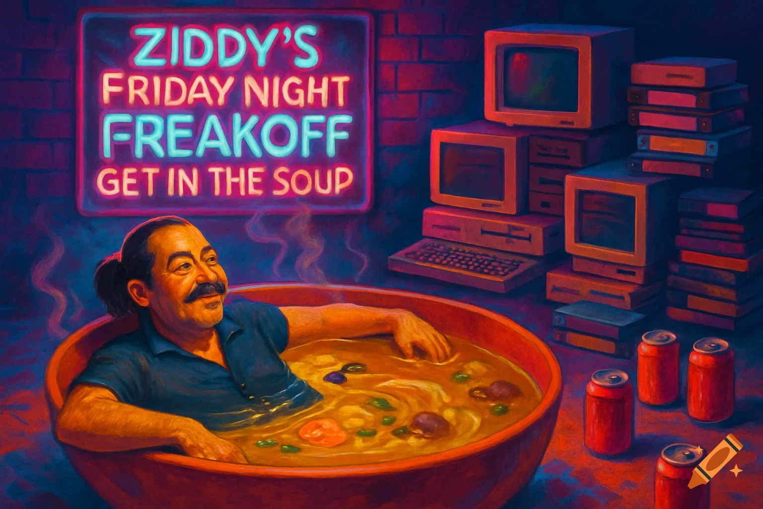 A man with a ponytail in a large bowl of soup, surrounded by retro computers, VHS tapes, and red soda cans, under a neon sign that says "Ziddy's Friday Night Freakoff - Get in the soup."