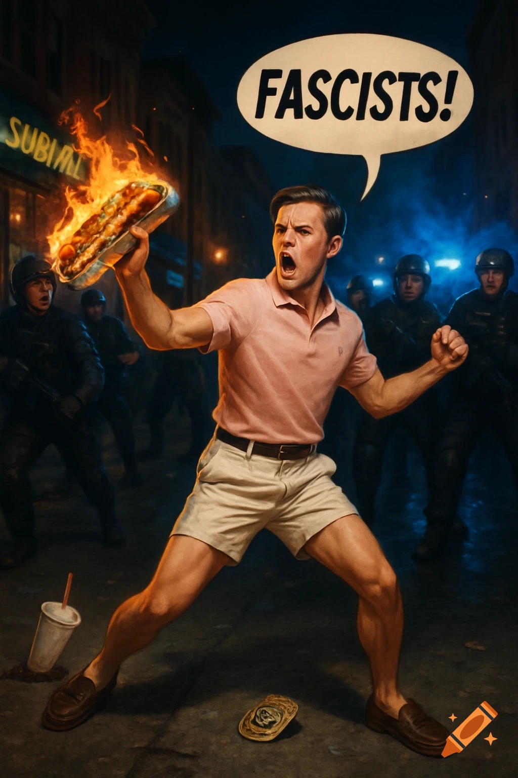 A man in preppy attire shouts 'FASCISTS!' while throwing a flaming Subway sandwich at blurred federal officers on a city street at night in a hyper-realistic style.