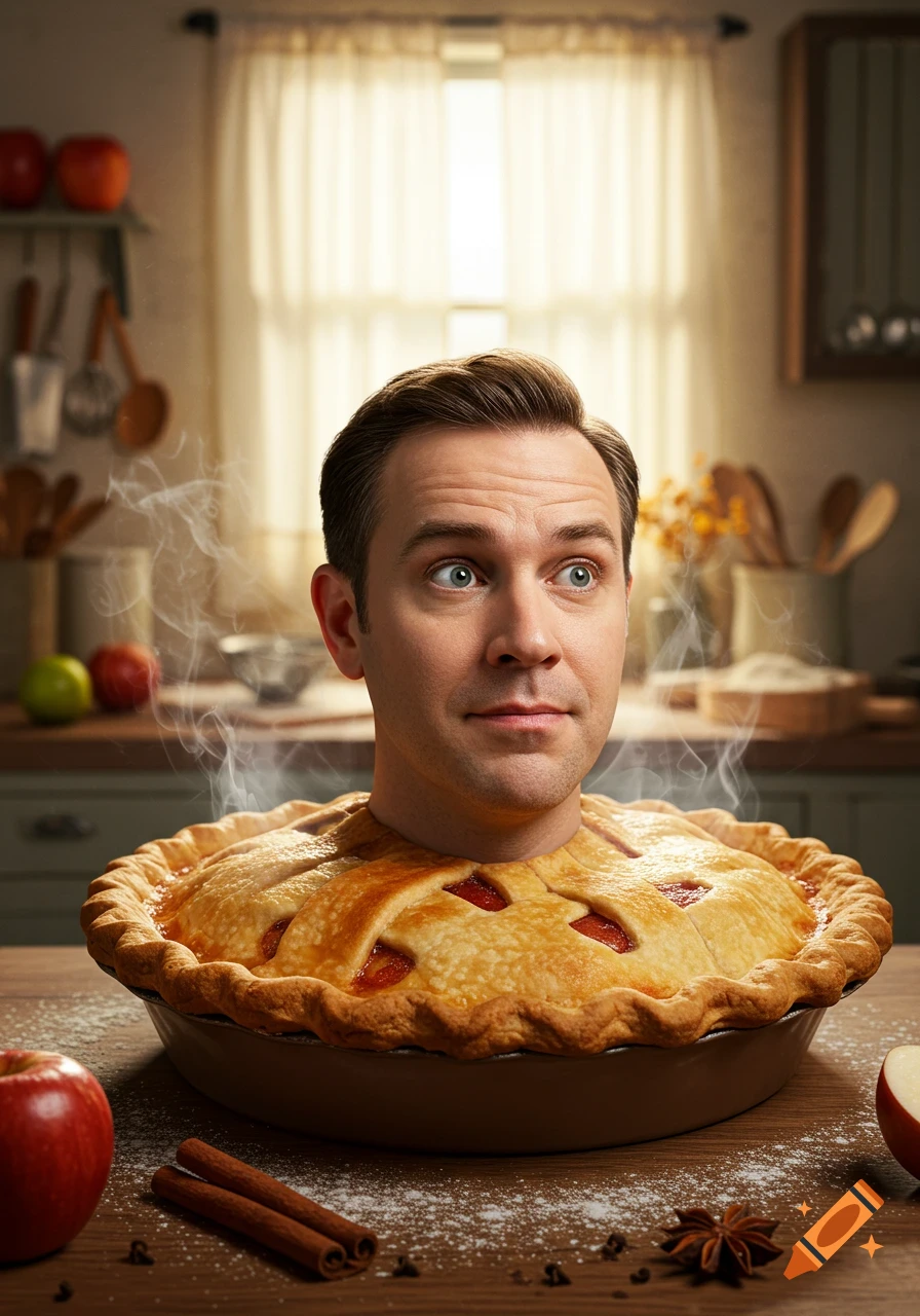 A man's head emerges from a steaming, freshly baked fruit pie in a rustic kitchen setting.
