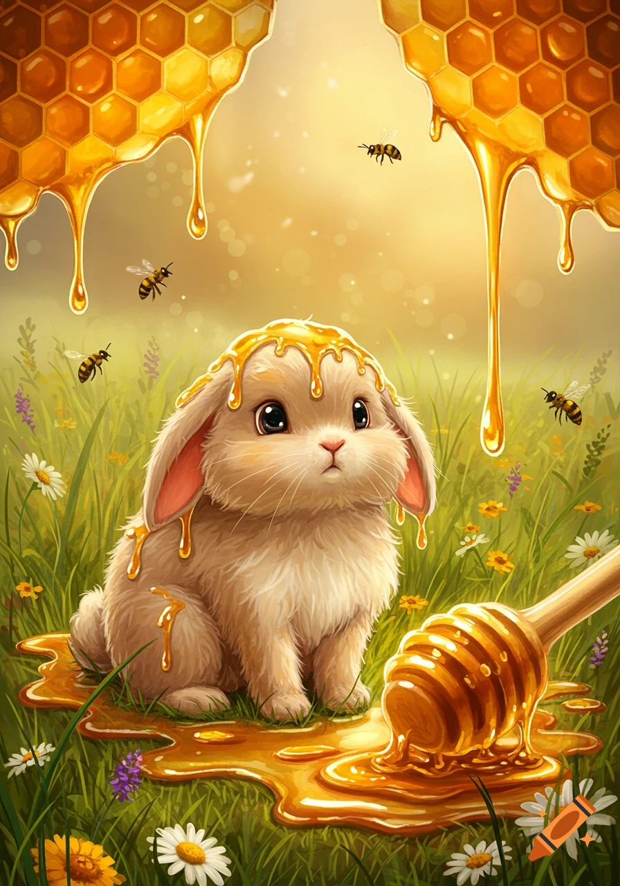 A cute, fluffy bunny covered in golden dripping honey sits in a grassy field with bees and flowers under honeycomb.