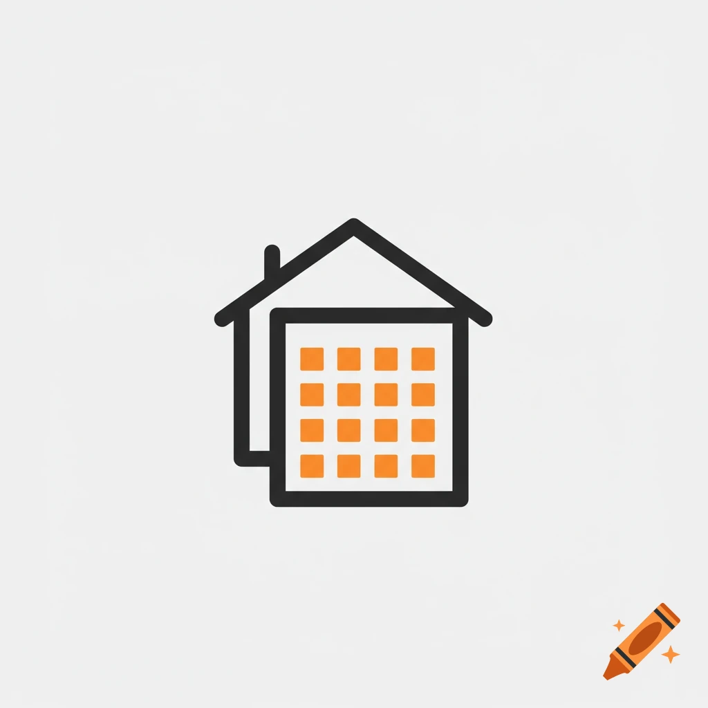 A simple black outline icon of a house with an orange grid representing a spreadsheet inside.