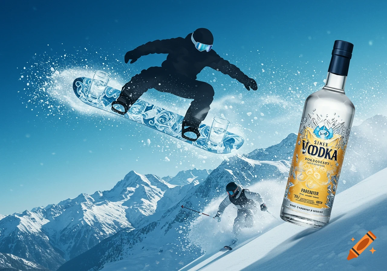 A snowboarder jumps over a skier on a snowy mountain, with a large bottle of vodka floating prominently in the foreground. The sky is clear blue.